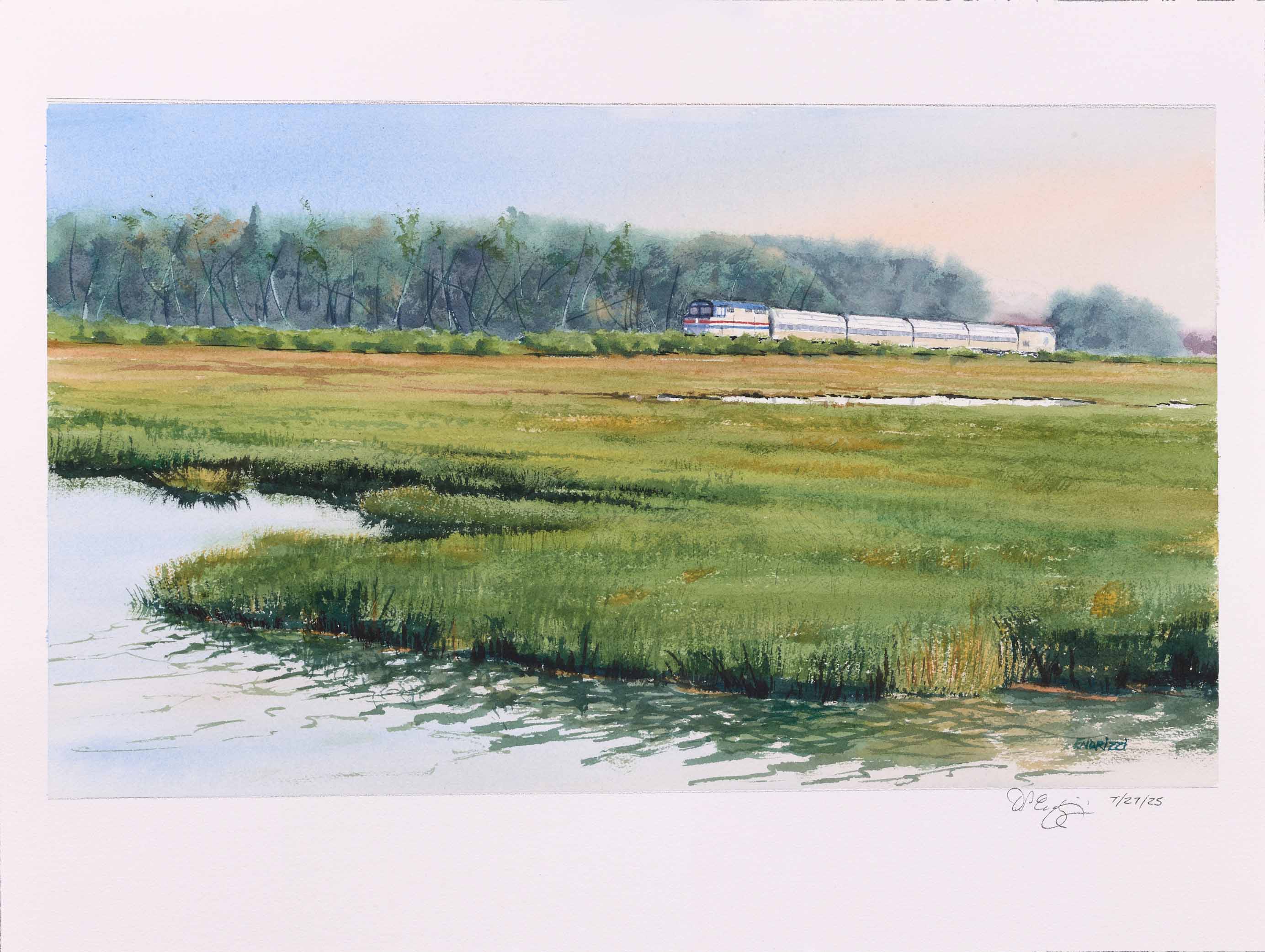 Amtrak Downeaster on Scarborough Marsh, 2025, watercolor on paper, 12 x 22 inches
