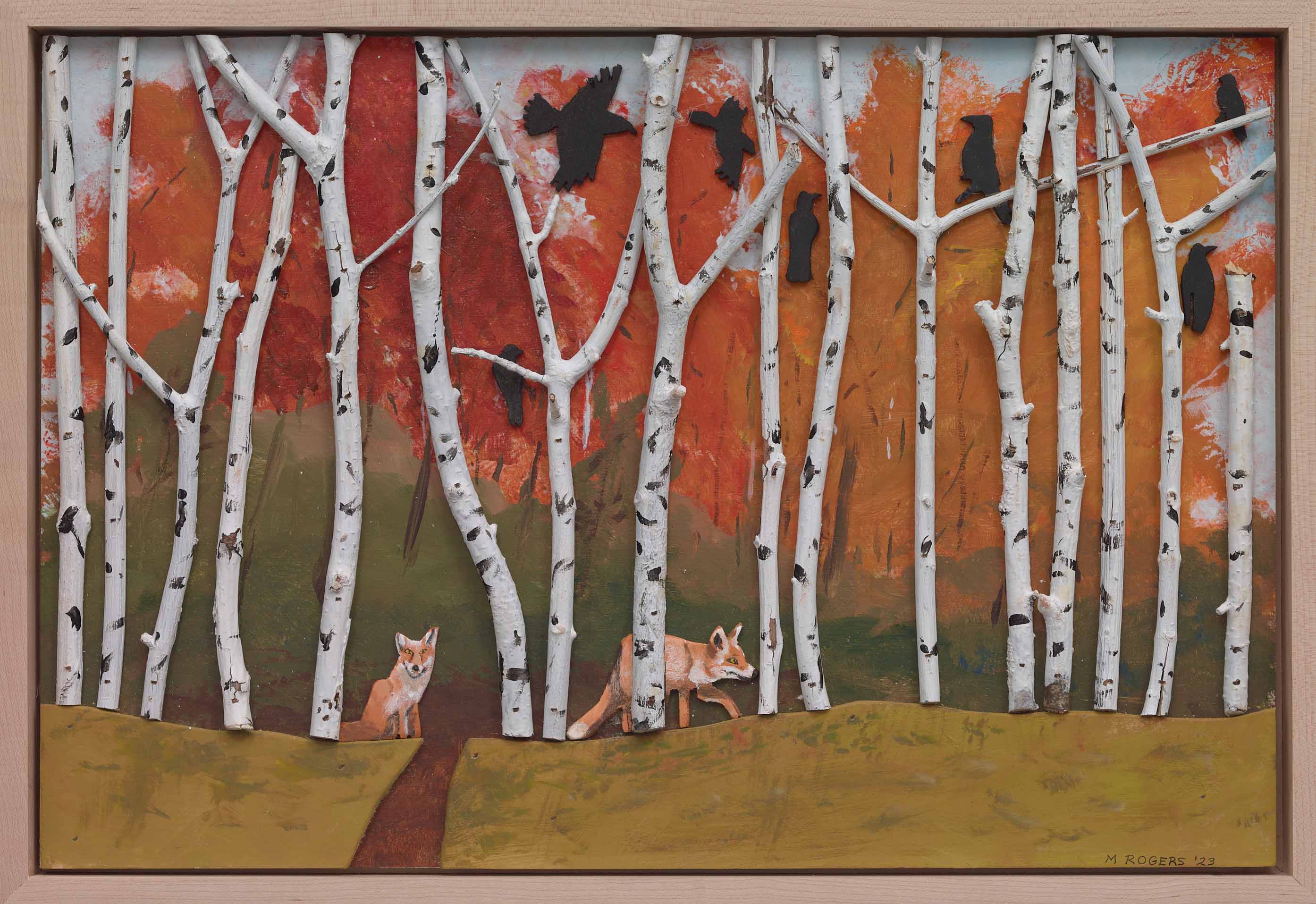 Foxes Among Birch Trees, 2023, mixed media, 13.75 x 20 inches