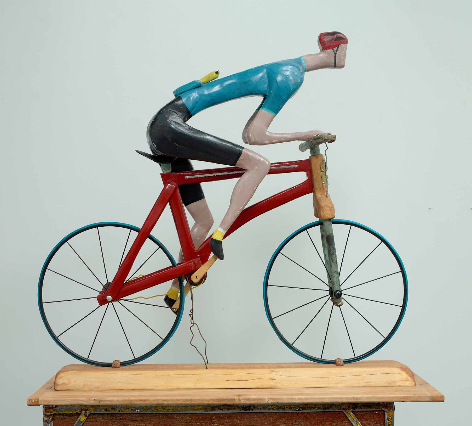 Banana Man, 2024, mixed metal, pine, acrylic paint and electrical cord, 37.5 x 40 x 16 inches