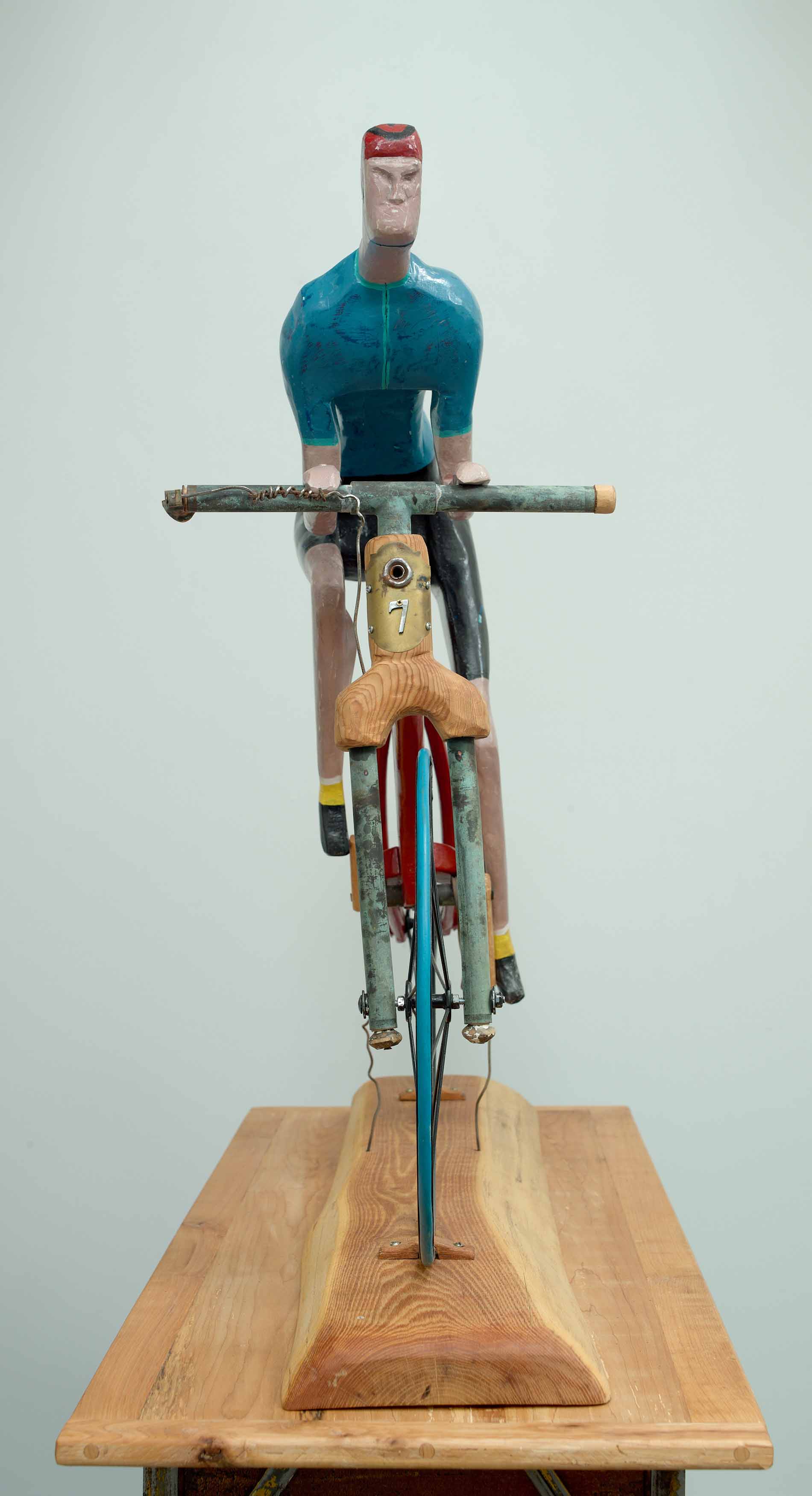 Banana Man, 2024, mixed metal, pine, acrylic paint and electrical cord, 37.5 x 40 x 16 inches