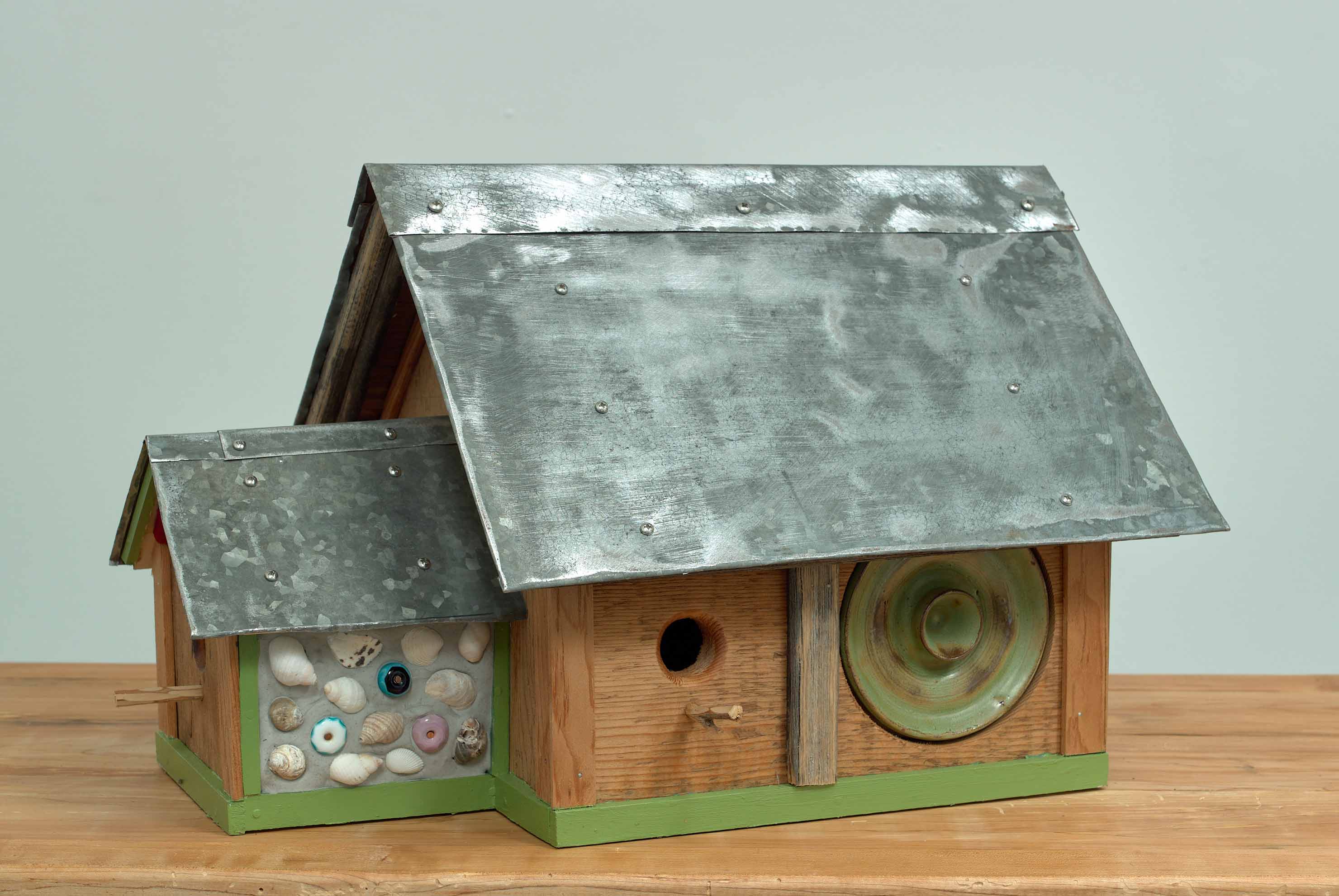 TWOOD, Home Sweet Home, 2024, wood, sheet metal and ceramic beach art, 12.75 x 15.5 x 21.25 inches