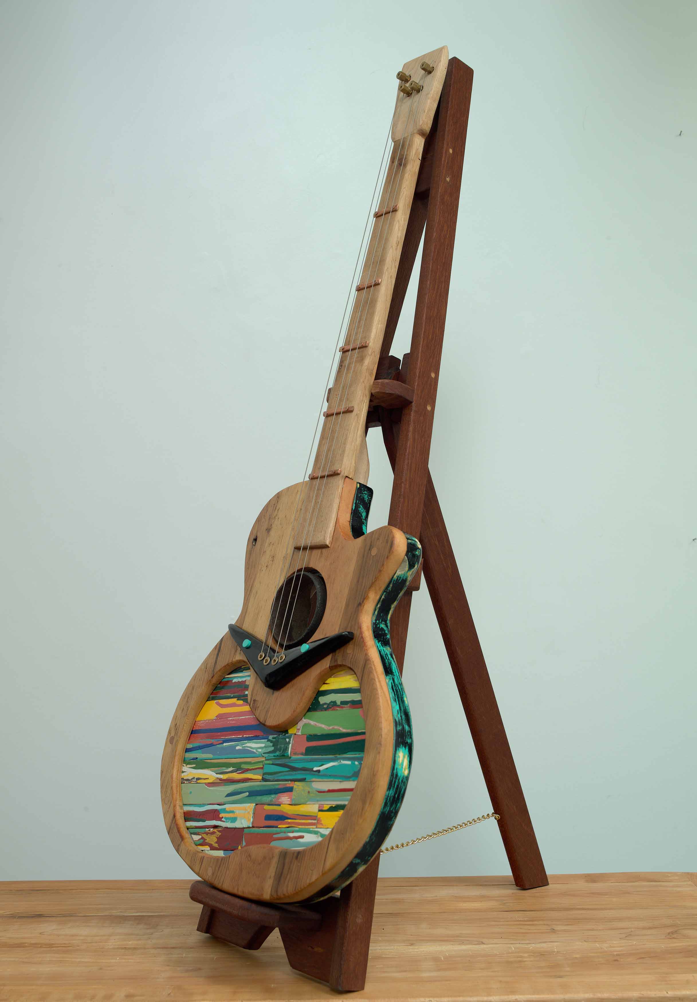 JOHN ATTWOOD  Air Guitar  2025, mixed wood, mixed metal, oil paint and paint sticks, 44.75 x 16 x 22 inches
