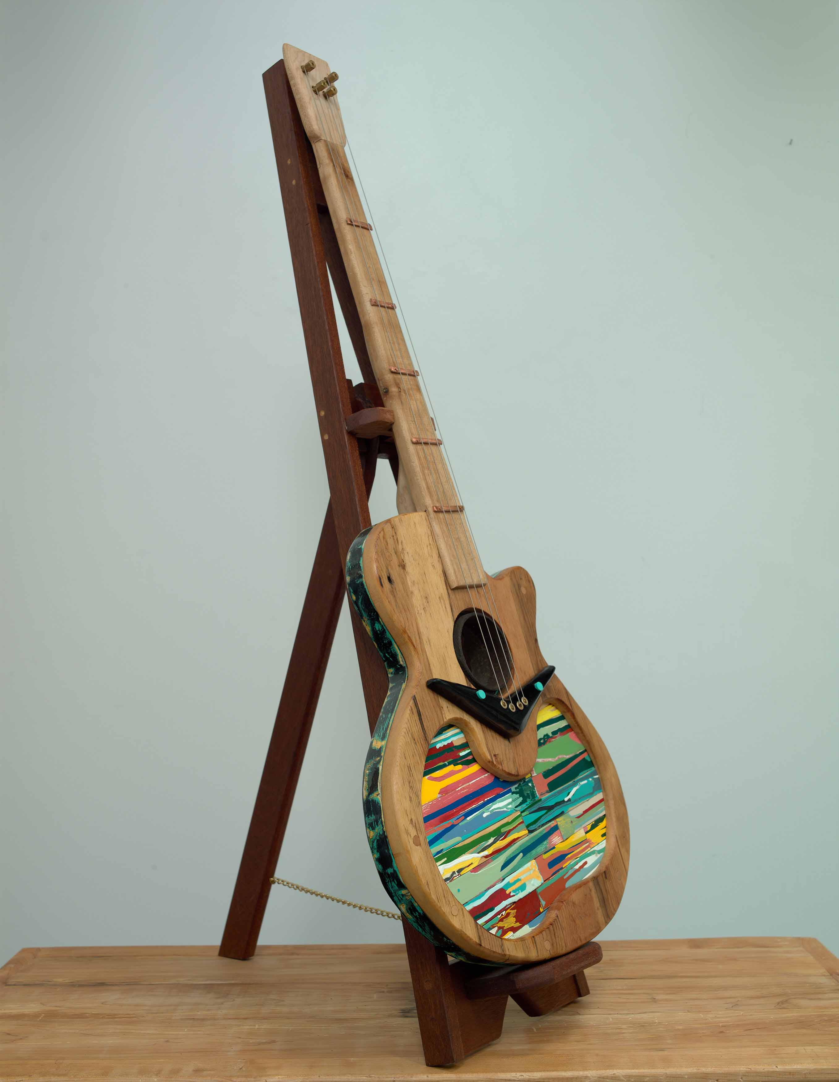 JOHN ATTWOOD  Air Guitar  2025, mixed wood, mixed metal, oil paint and paint sticks, 44.75 x 16 x 22 inches