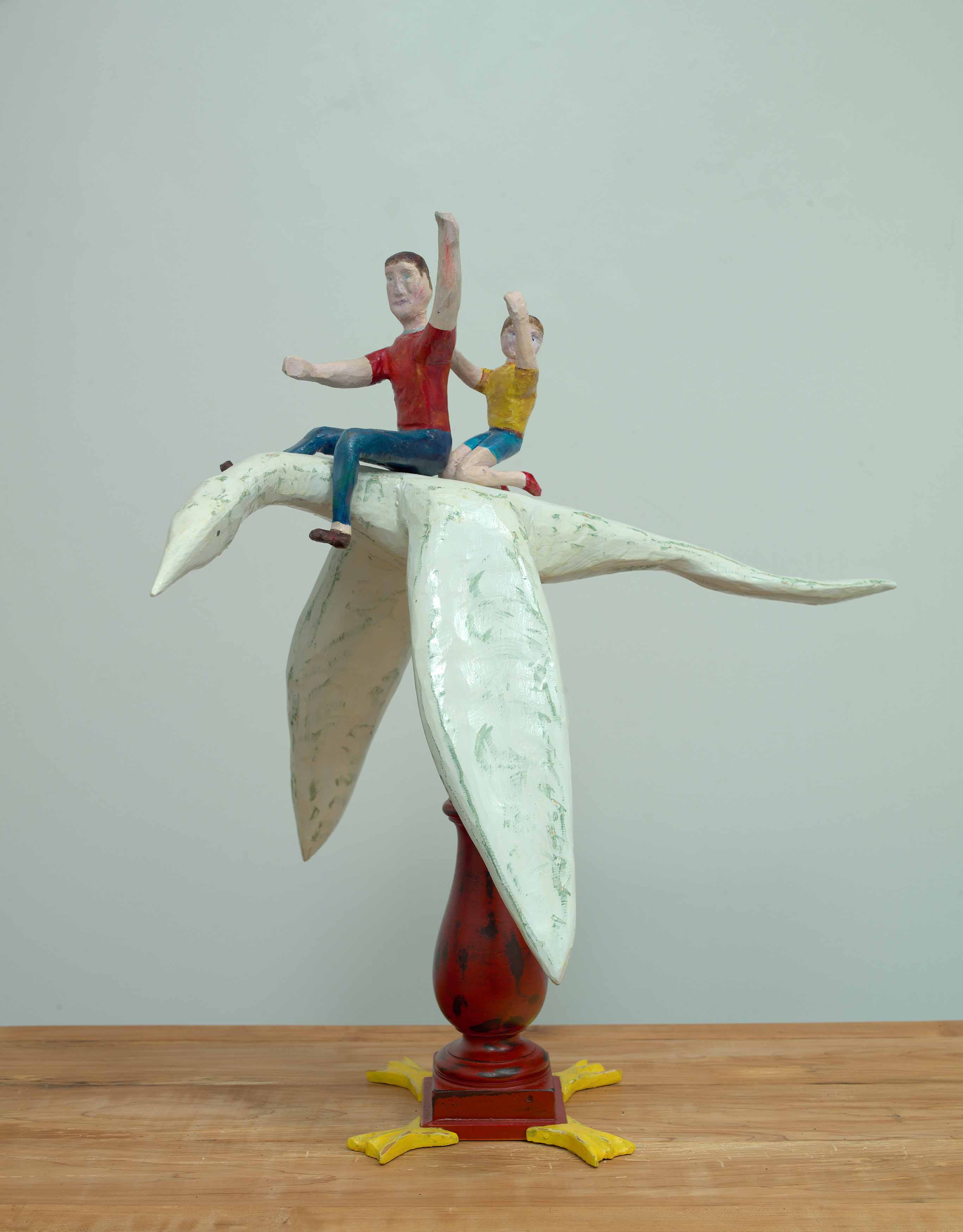 JOHN ATTWOOD  Dream Flight with Dad  2023, pine, auger bit and acrylic paint, 27.25 x 15.5 x 27.5 inches