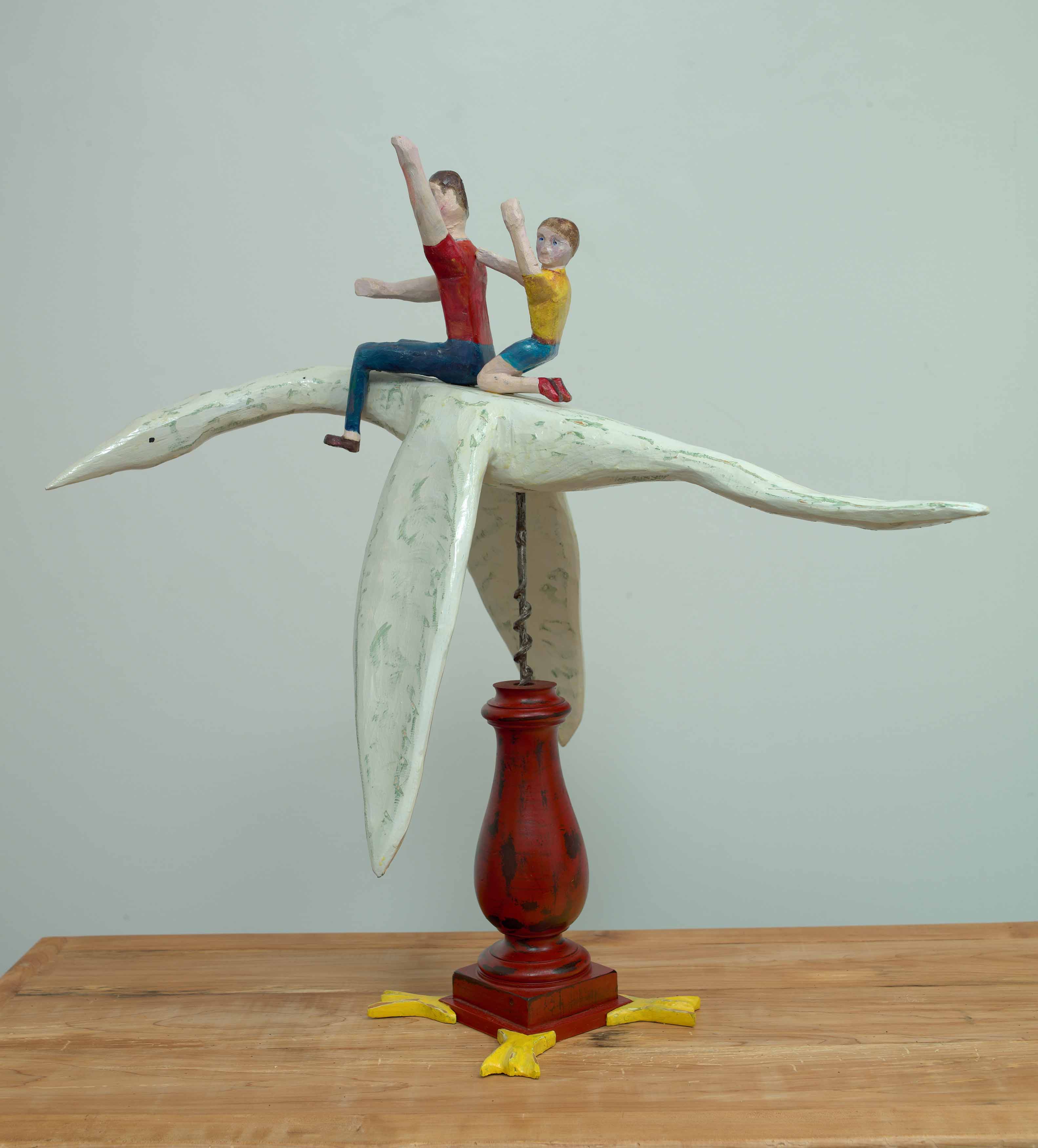 JOHN ATTWOOD  Dream Flight with Dad  2023, pine, auger bit and acrylic paint, 27.25 x 15.5 x 27.5 inches