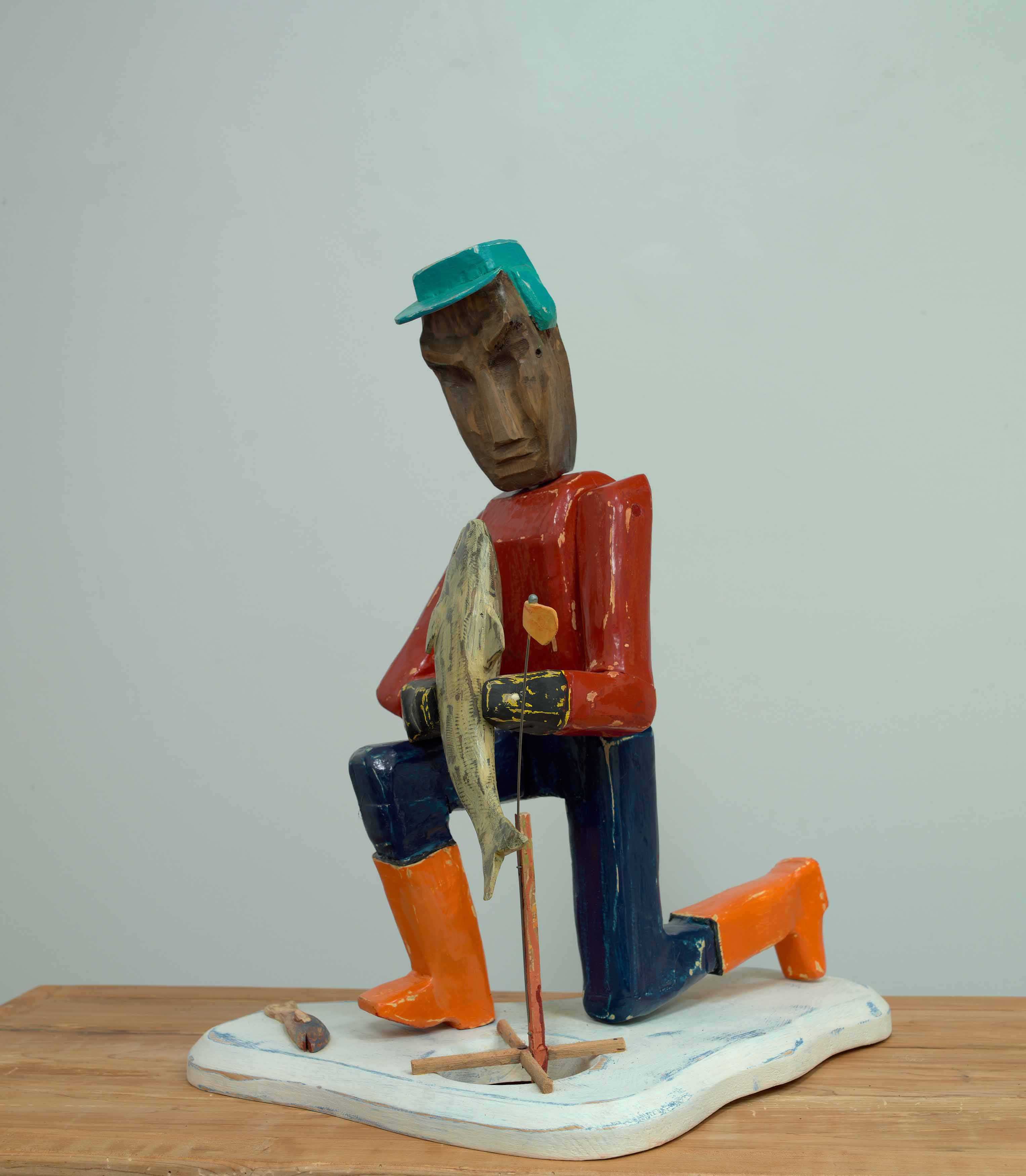 JOHN ATTWOOD  Lucky Catch  2022, pine and oil paint, 24 x 21 x 18 inches