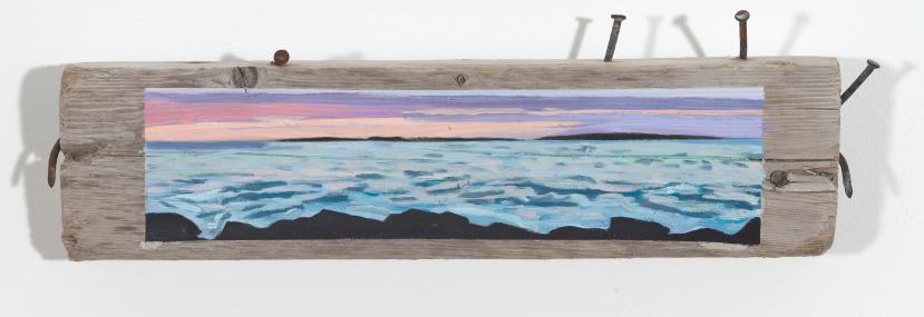 Stratton + Bluff, 2026, oil on driftwood, 4.5 x 15 x 1.75 inches